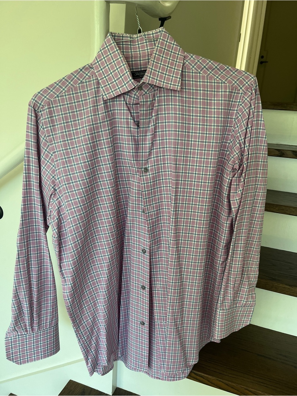 Saks Fifth Avenue Pink, White and Blue Plaid Button Down Dress Shirt